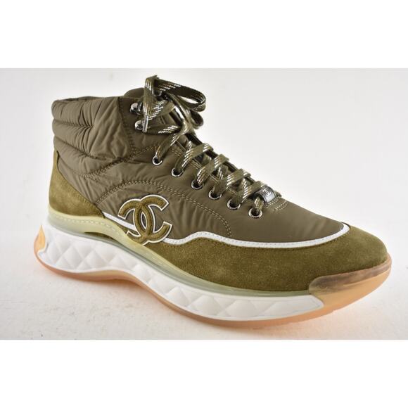 Chanel 19B Green Quilted Platform CC Logo High Top Trainer Sneaker Boot 44 11 - Picture 5 of 12